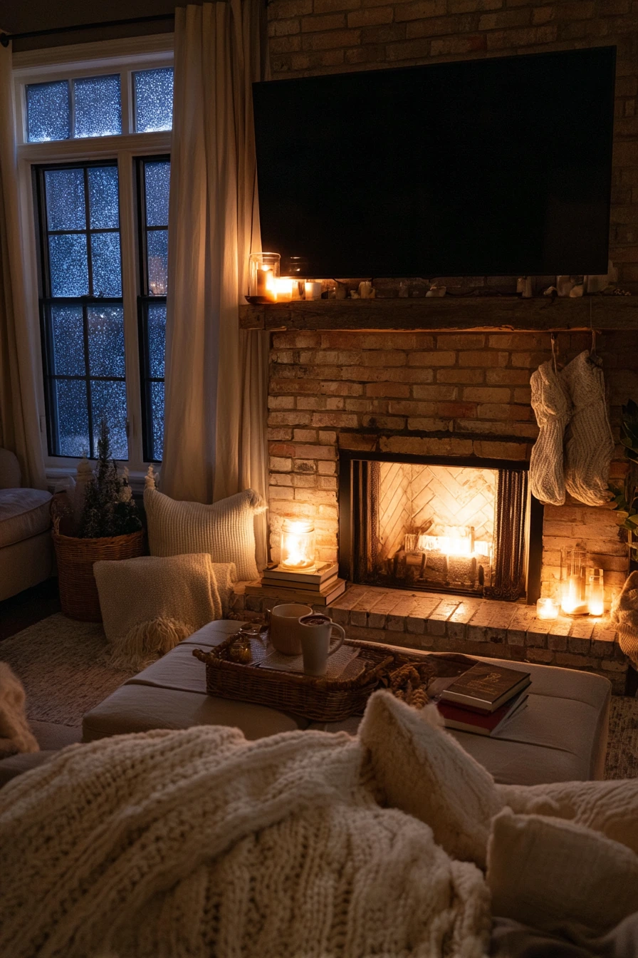 Cozy Winter TV Over Fireplace Styling