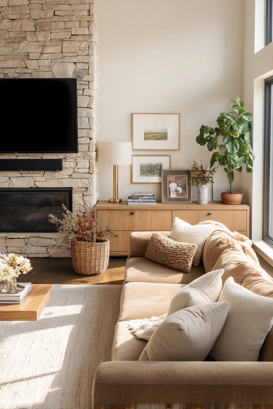 Family-Friendly Stone Fireplace with TV