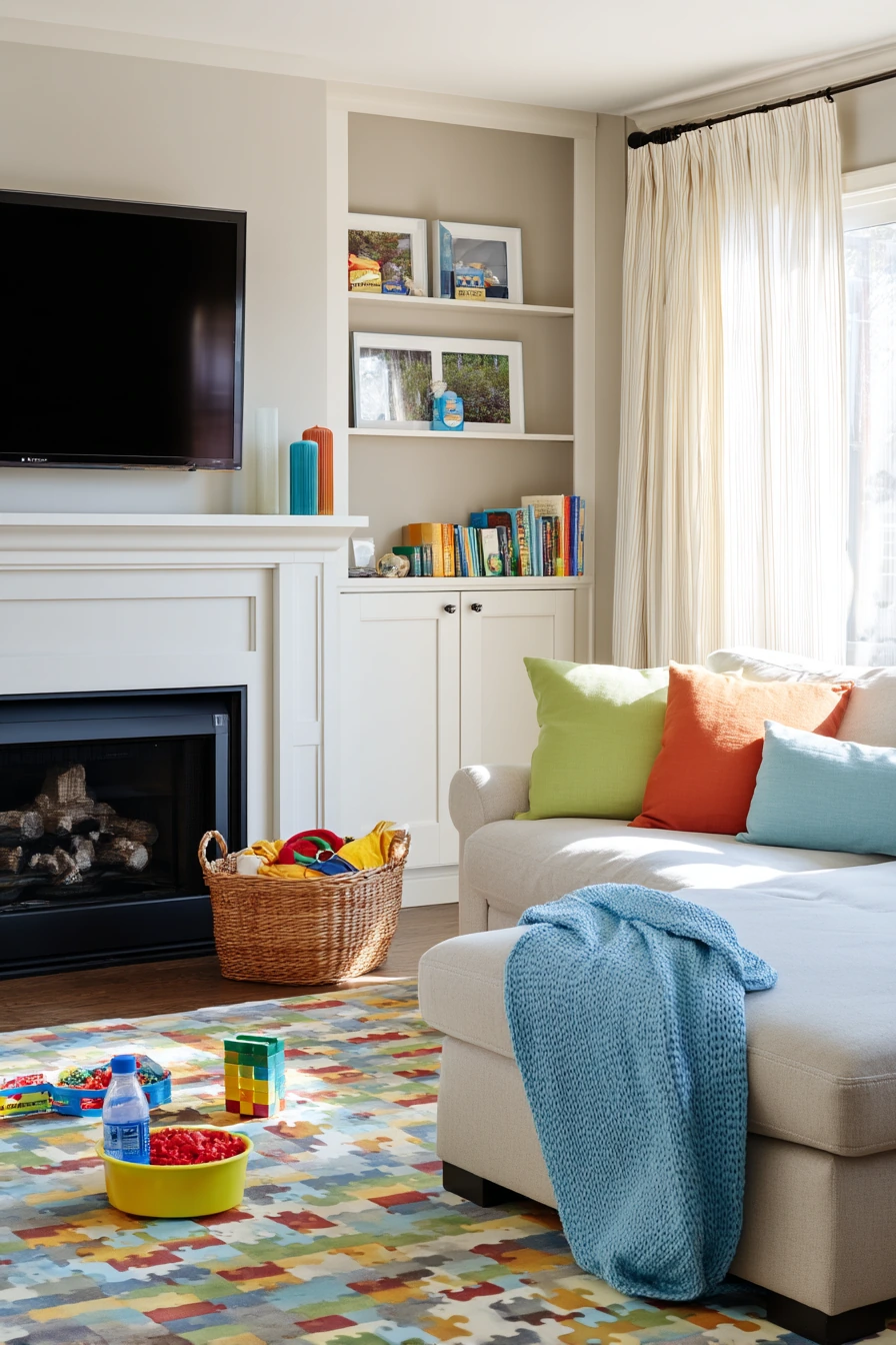 Kid-Friendly Bonus Room Fireplace TV