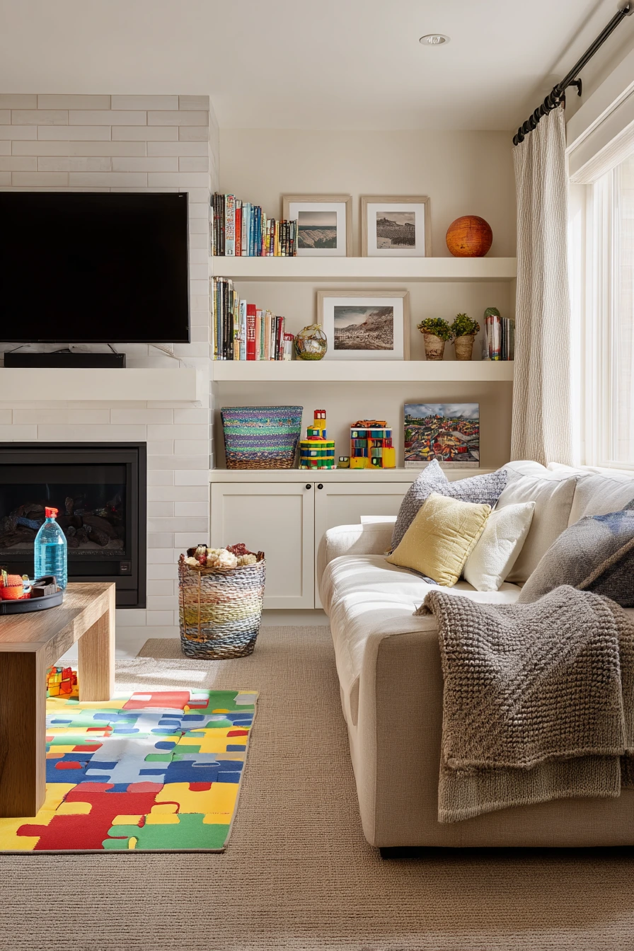 Kid-Friendly Bonus Room Fireplace TV