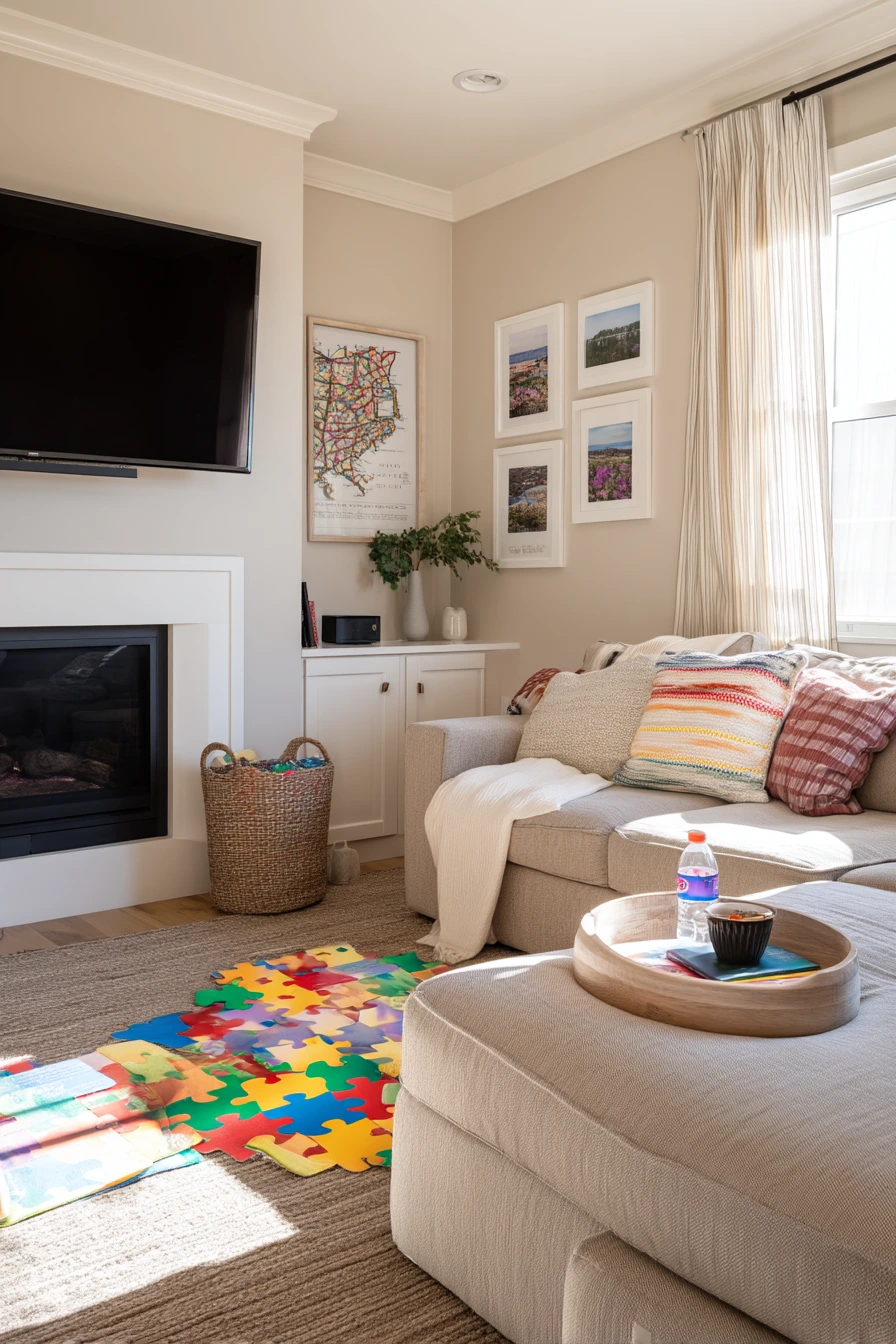 Kid-Friendly Bonus Room Fireplace TV