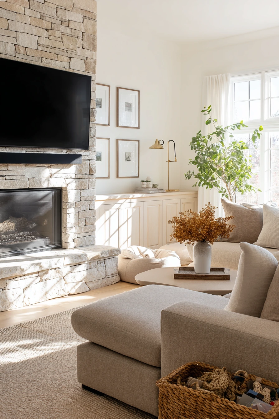 Family-Friendly Stone Fireplace with TV