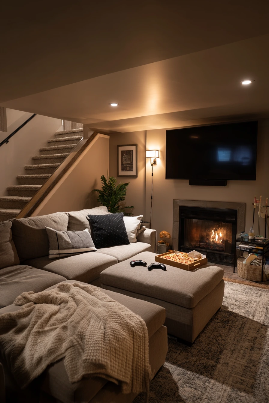 Basement TV Over Fireplace Hangout