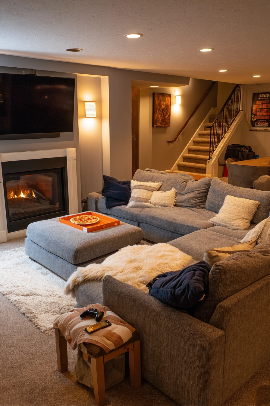 Basement TV Over Fireplace Hangout