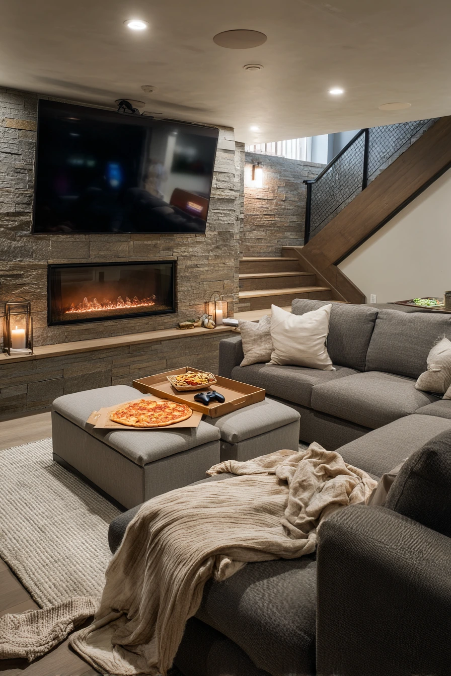 Basement TV Over Fireplace Hangout