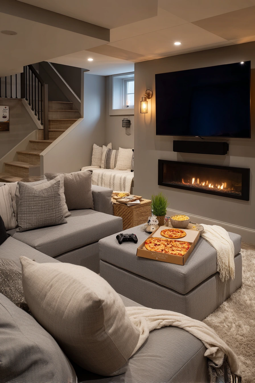 Basement TV Over Fireplace Hangout