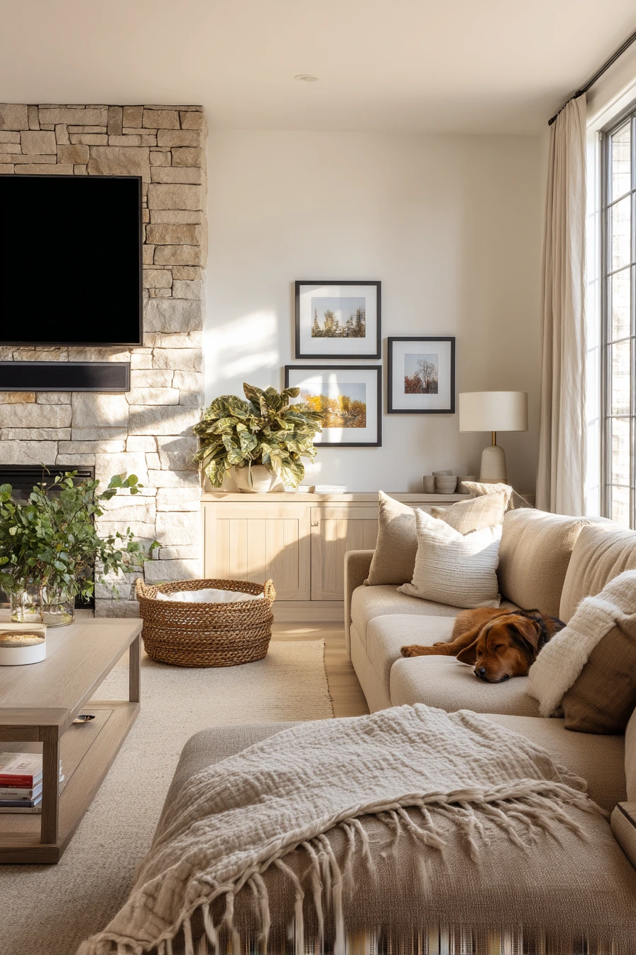 Family-Friendly Stone Fireplace with TV
