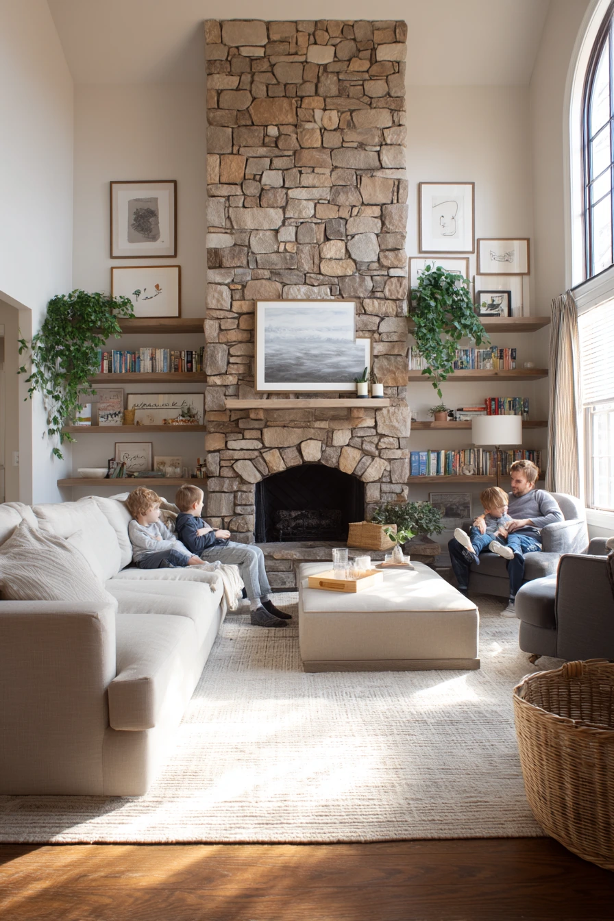 Family Room with a Grounded Two-Story Hearth