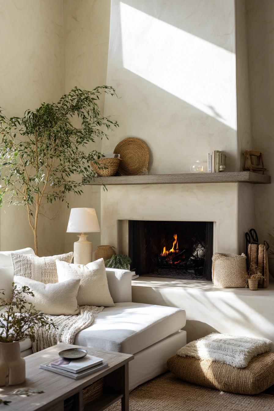 Neutral Organic Fireplace Nook