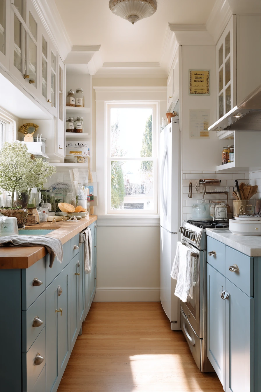 Dusty Blue and White in a Narrow Galley Kitchen