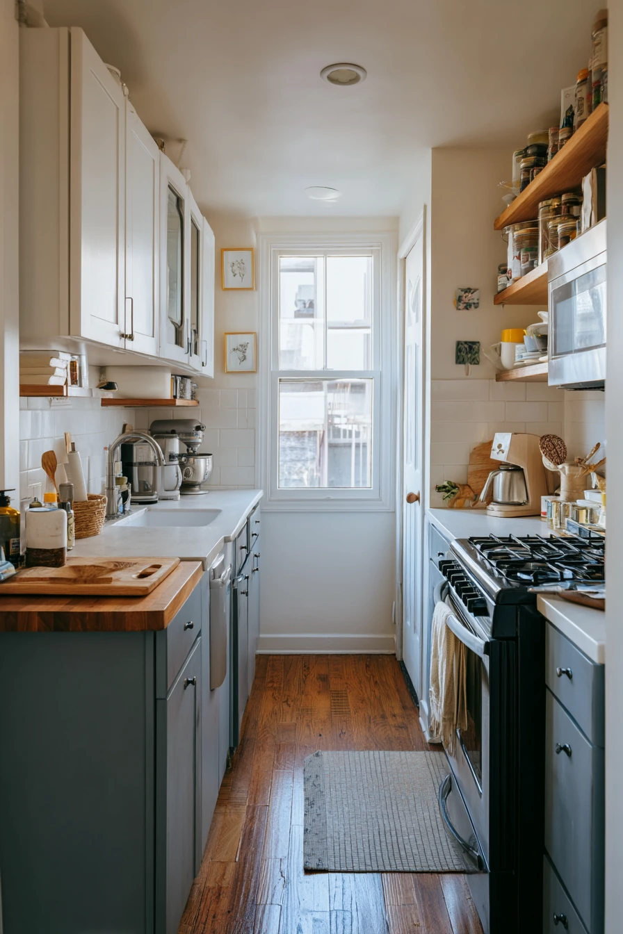 Dusty Blue and White in a Narrow Galley Kitchen