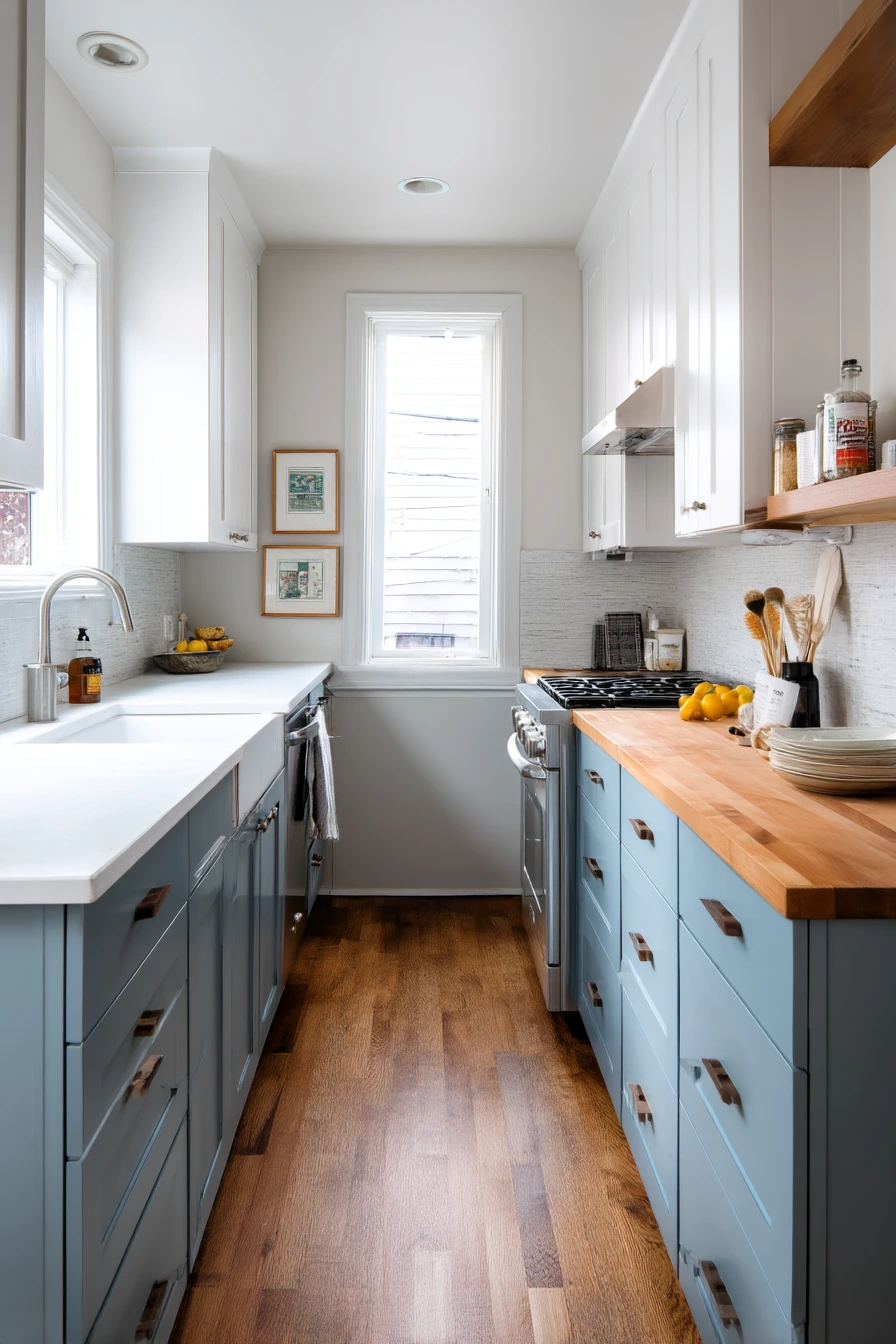 Dusty Blue and White in a Narrow Galley Kitchen