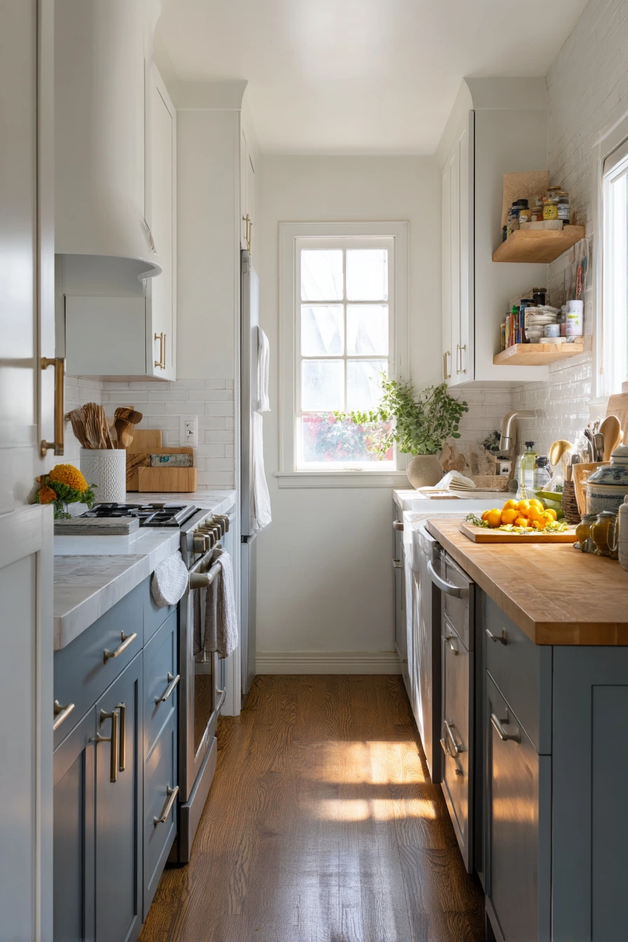 Dusty Blue and White in a Narrow Galley Kitchen