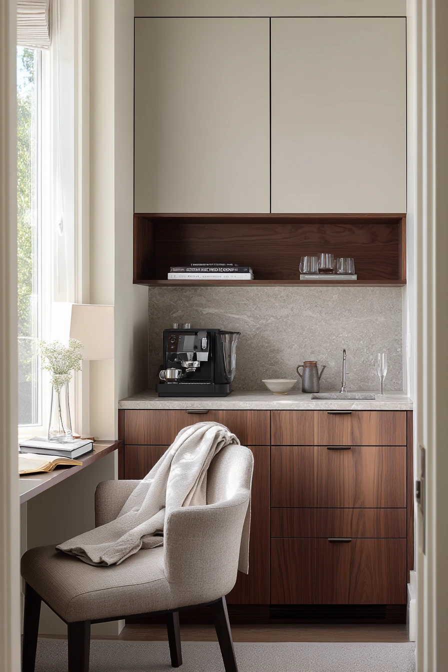 Greige and Walnut in a Calm Primary Suite Kitchenette