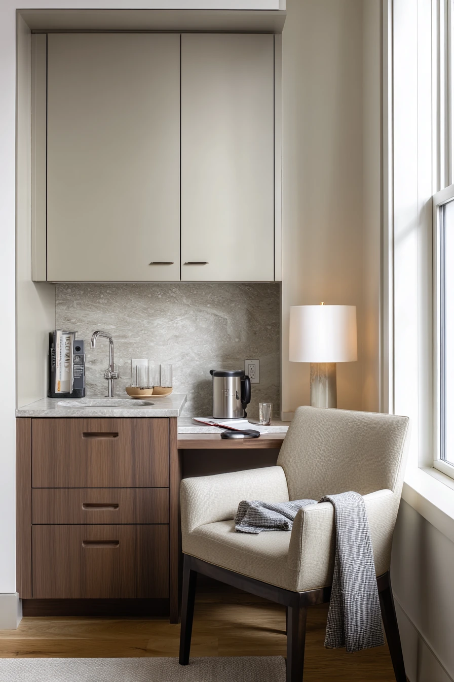 Greige and Walnut in a Calm Primary Suite Kitchenette