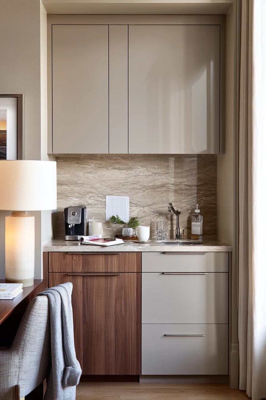 Greige and Walnut in a Calm Primary Suite Kitchenette