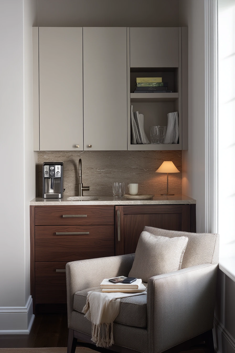 Greige and Walnut in a Calm Primary Suite Kitchenette