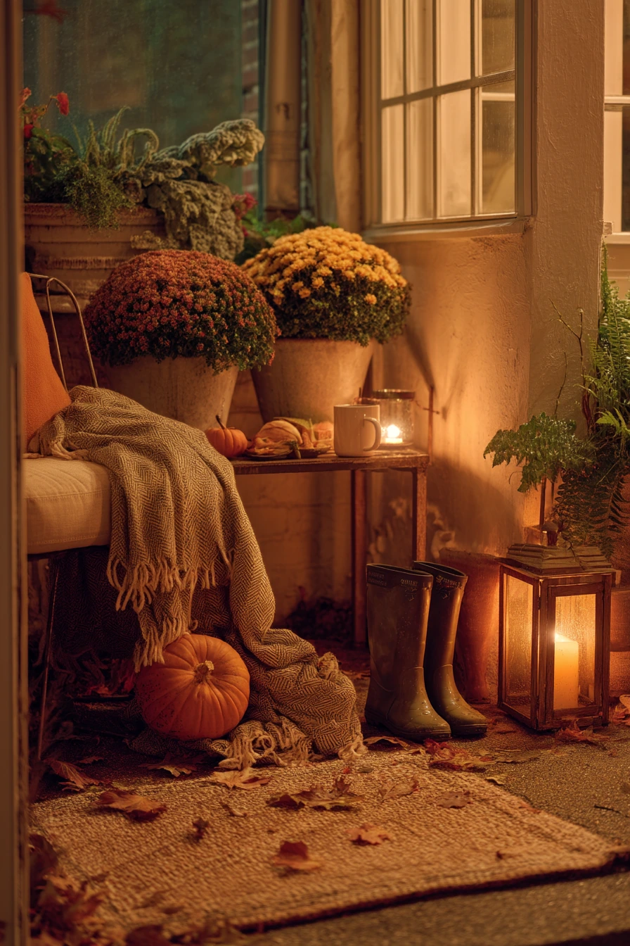 Seasonal Fall Urban Garden with Lantern Glow