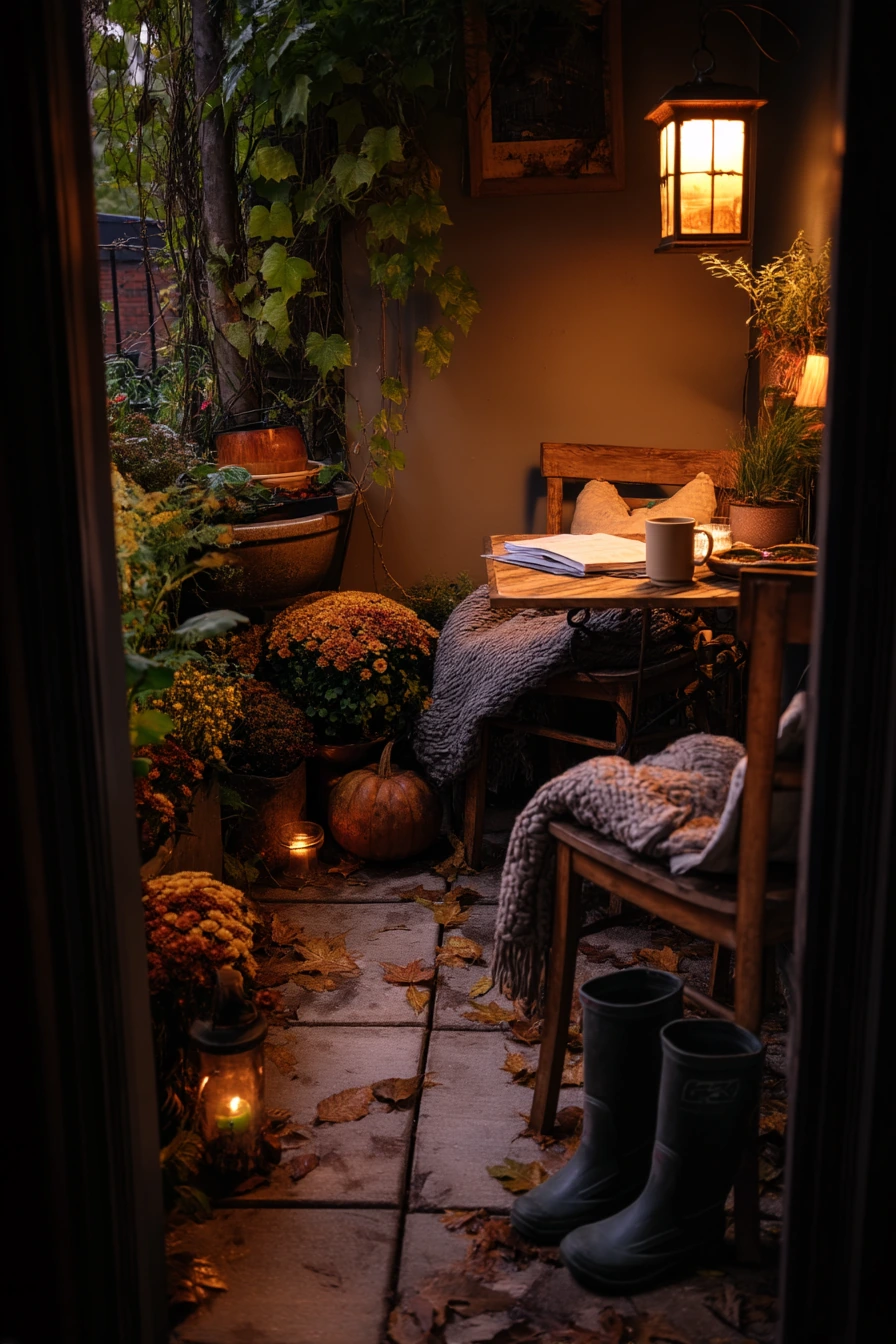 Seasonal Fall Urban Garden with Lantern Glow