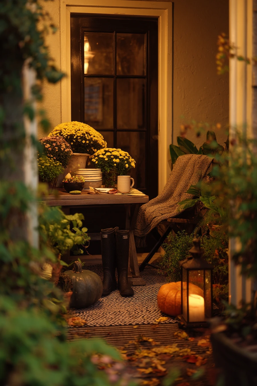 Seasonal Fall Urban Garden with Lantern Glow