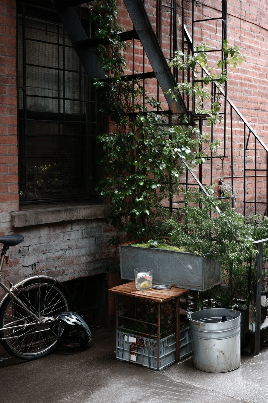 Fire Escape Planter Corner with Climbing Greens