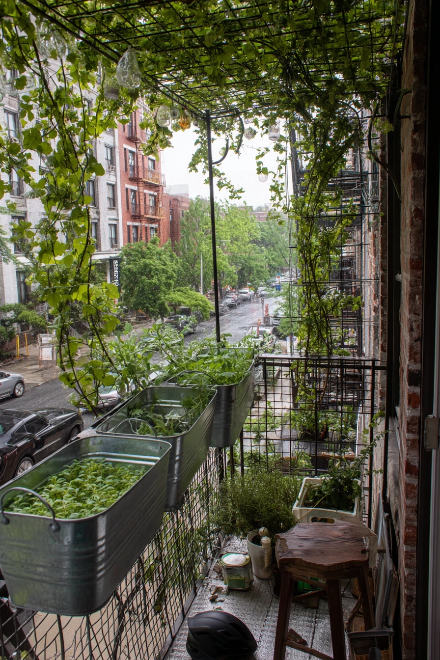 Fire Escape Planter Corner with Climbing Greens