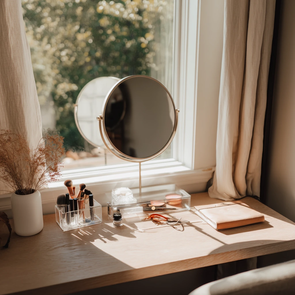 Natural Makeup Vanity by a Bedroom Window
