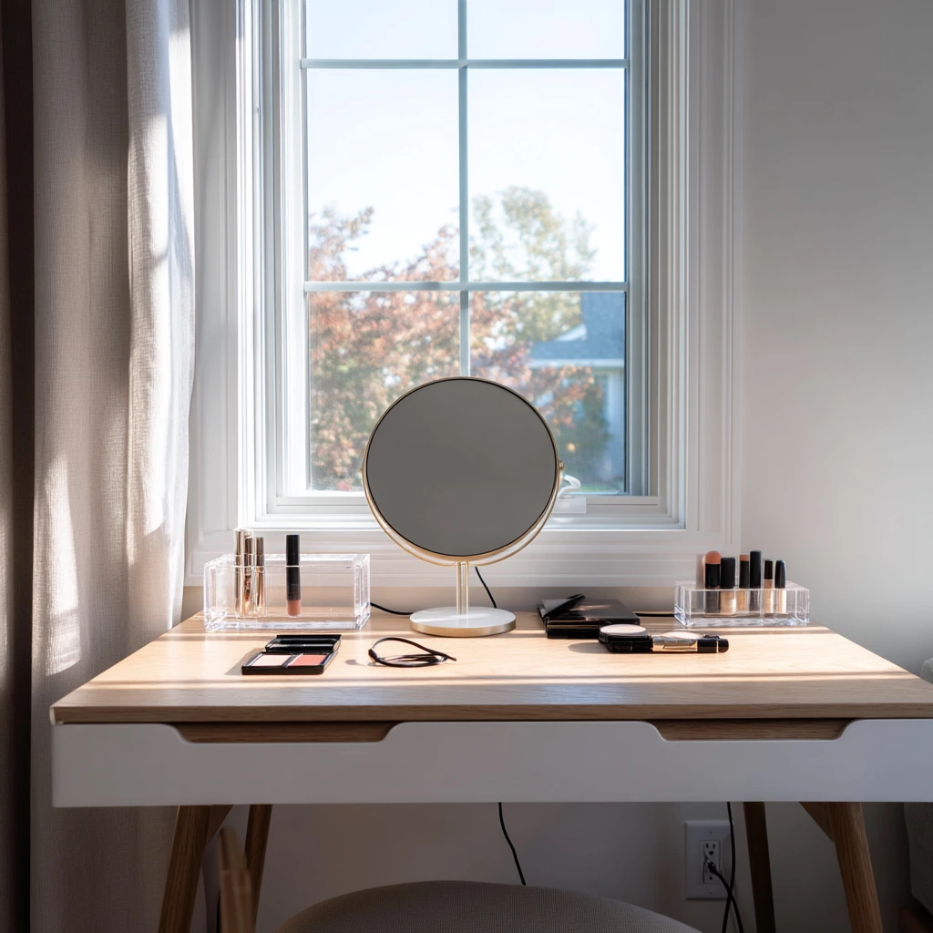 Natural Makeup Vanity by a Bedroom Window