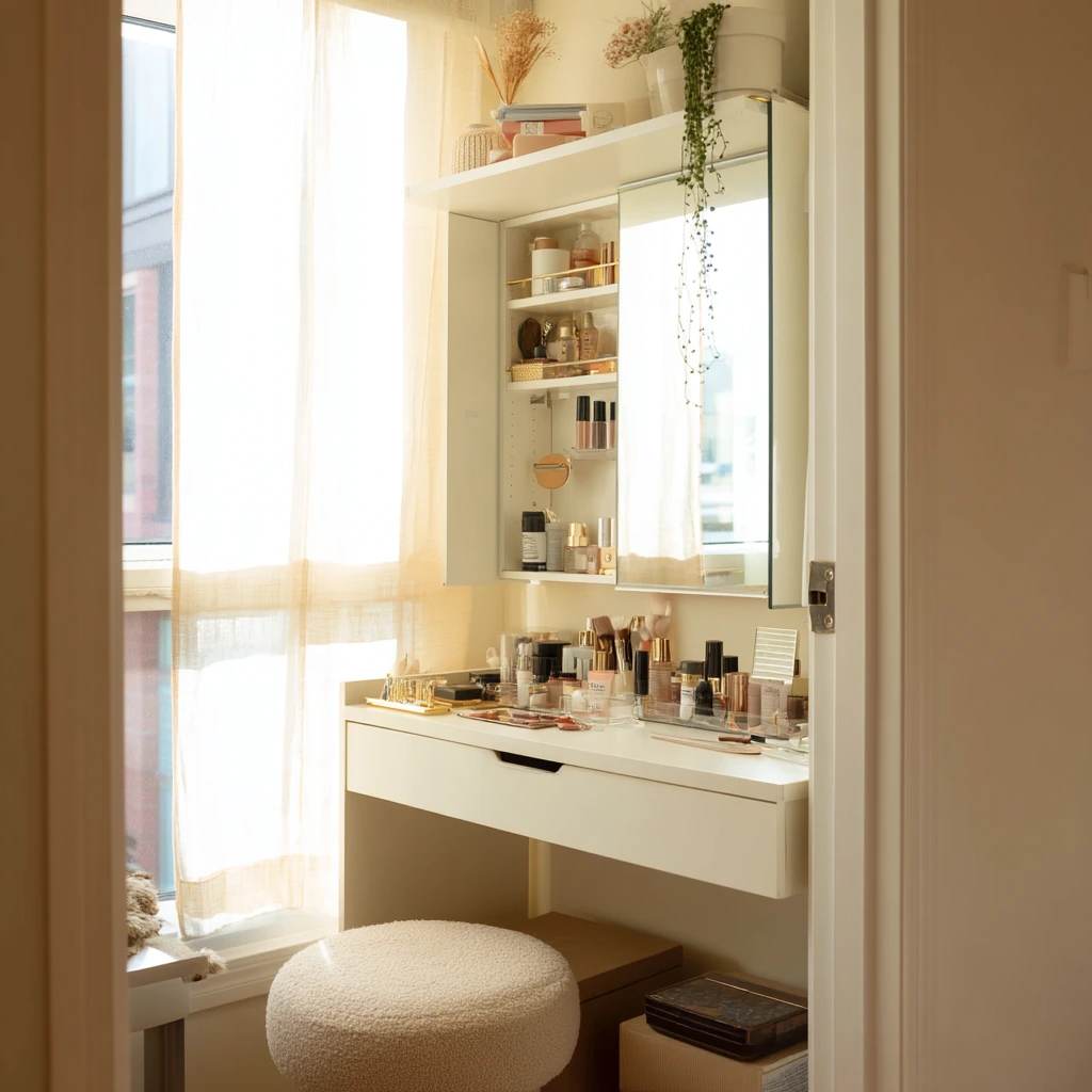 Small Space Vanity with Hidden Storage