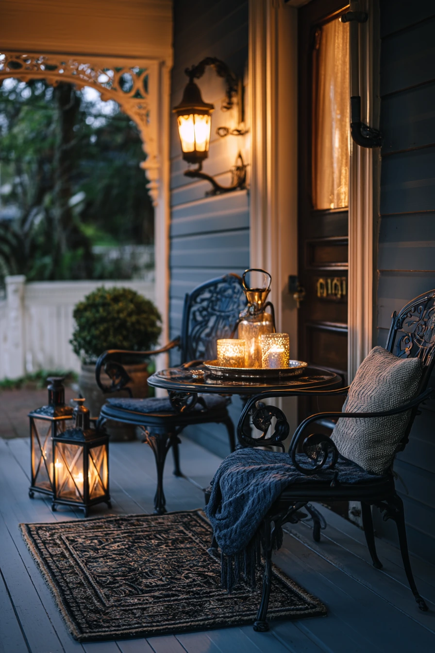 Cozy Evening Porch with Lamps and Lanterns