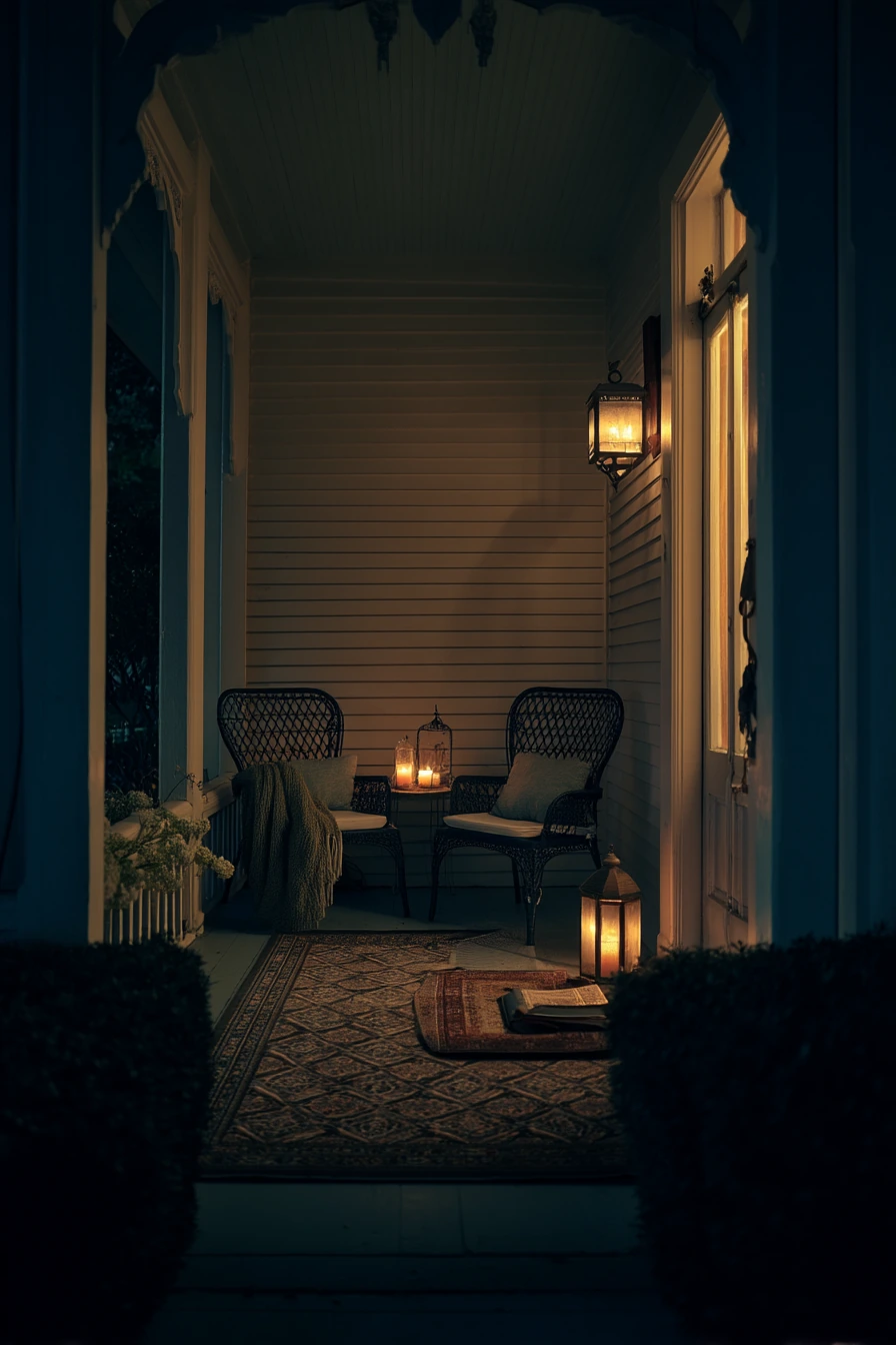 Cozy Evening Porch with Lamps and Lanterns