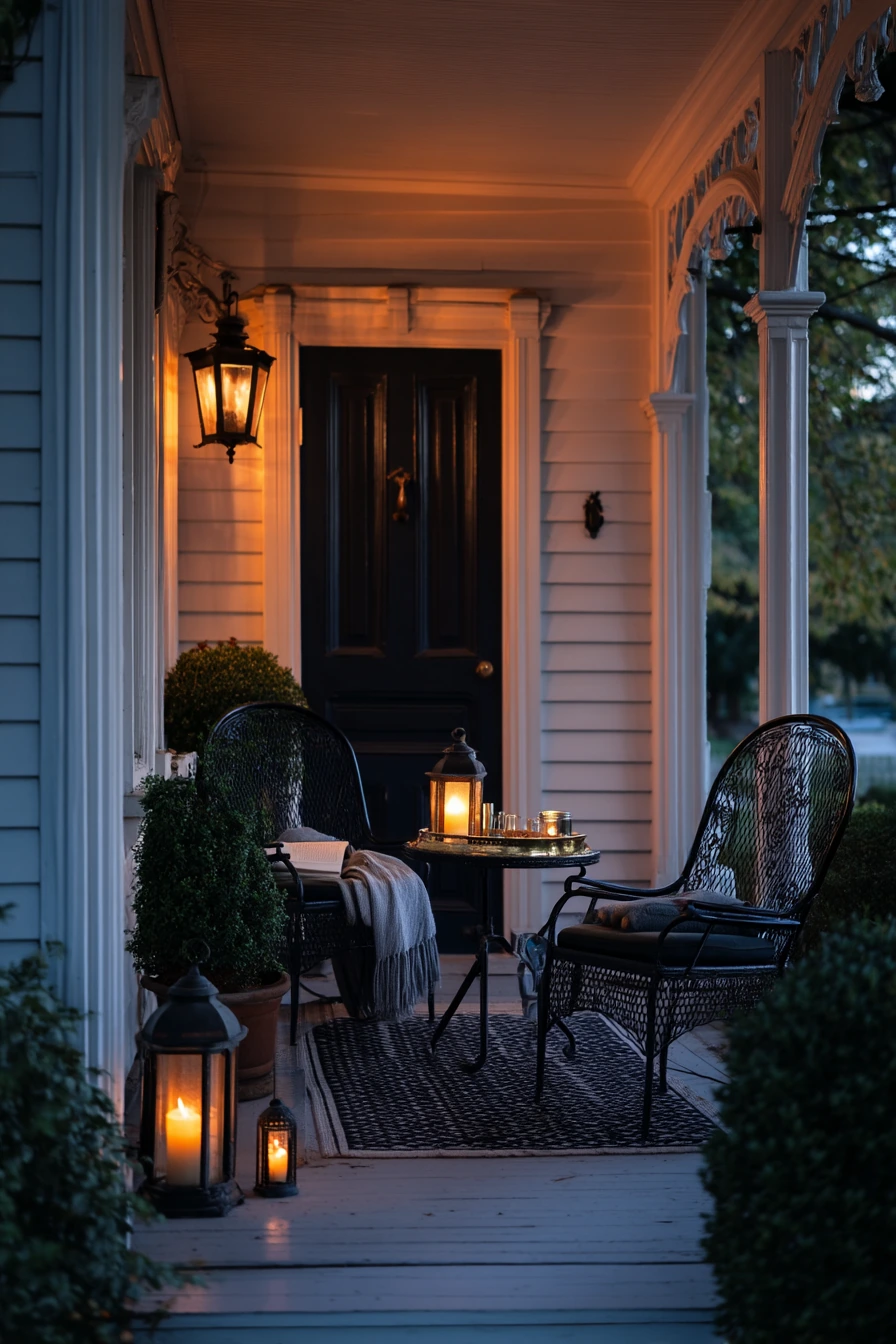 Cozy Evening Porch with Lamps and Lanterns