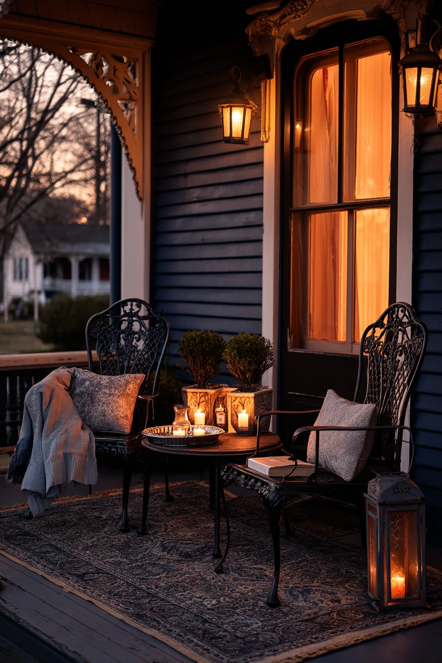 Cozy Evening Porch with Lamps and Lanterns