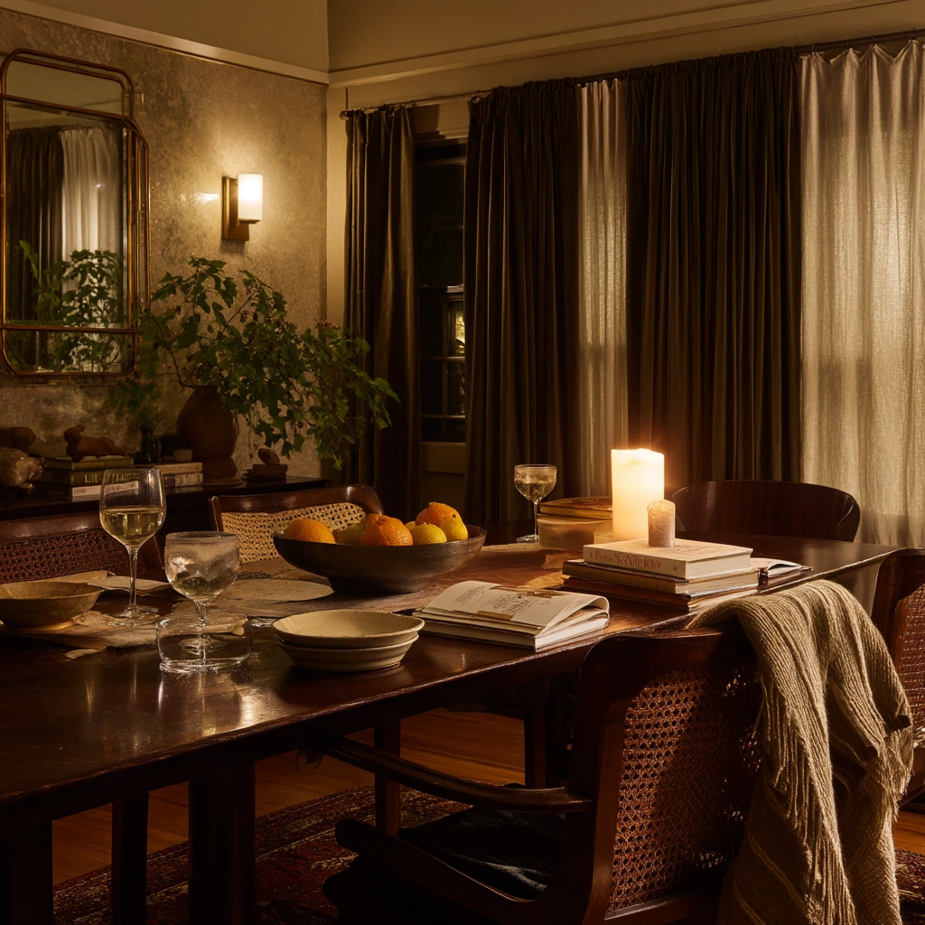 Moody Vintage Dining Room with Evening Lamp Light