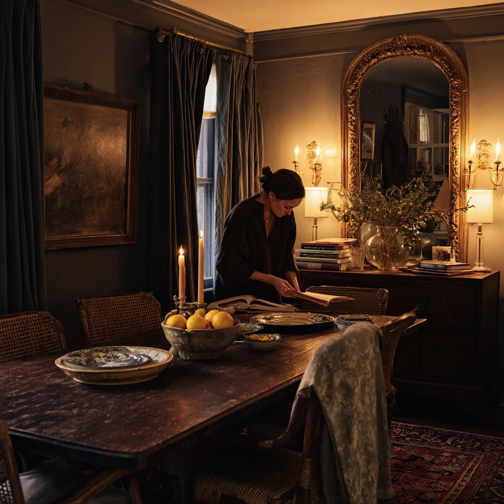 Moody Vintage Dining Room with Evening Lamp Light