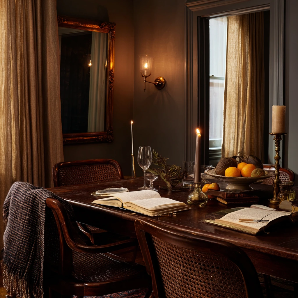 Moody Vintage Dining Room with Evening Lamp Light