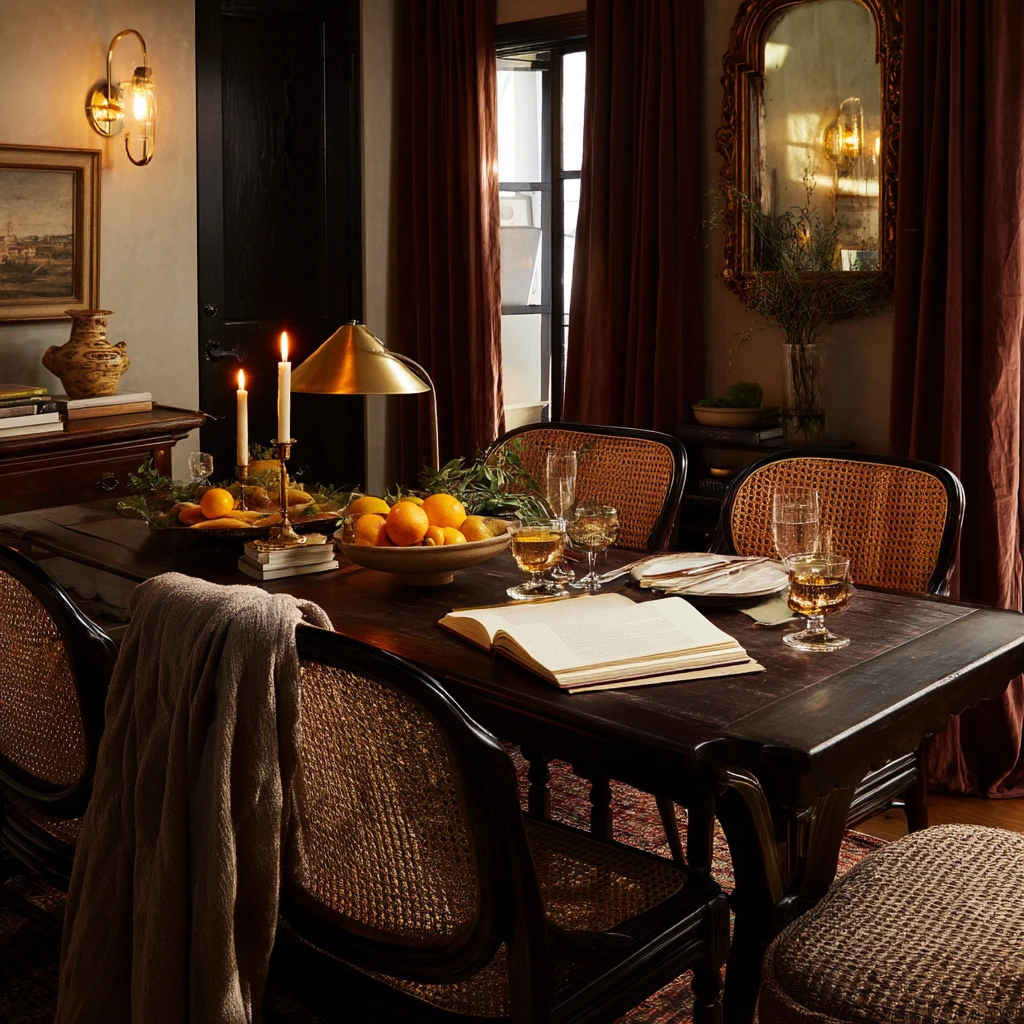 Moody Vintage Dining Room with Evening Lamp Light