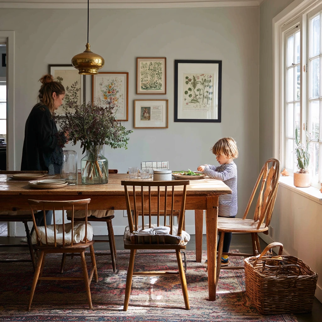 Sunlit Family Dining Room with Mismatched Chairs