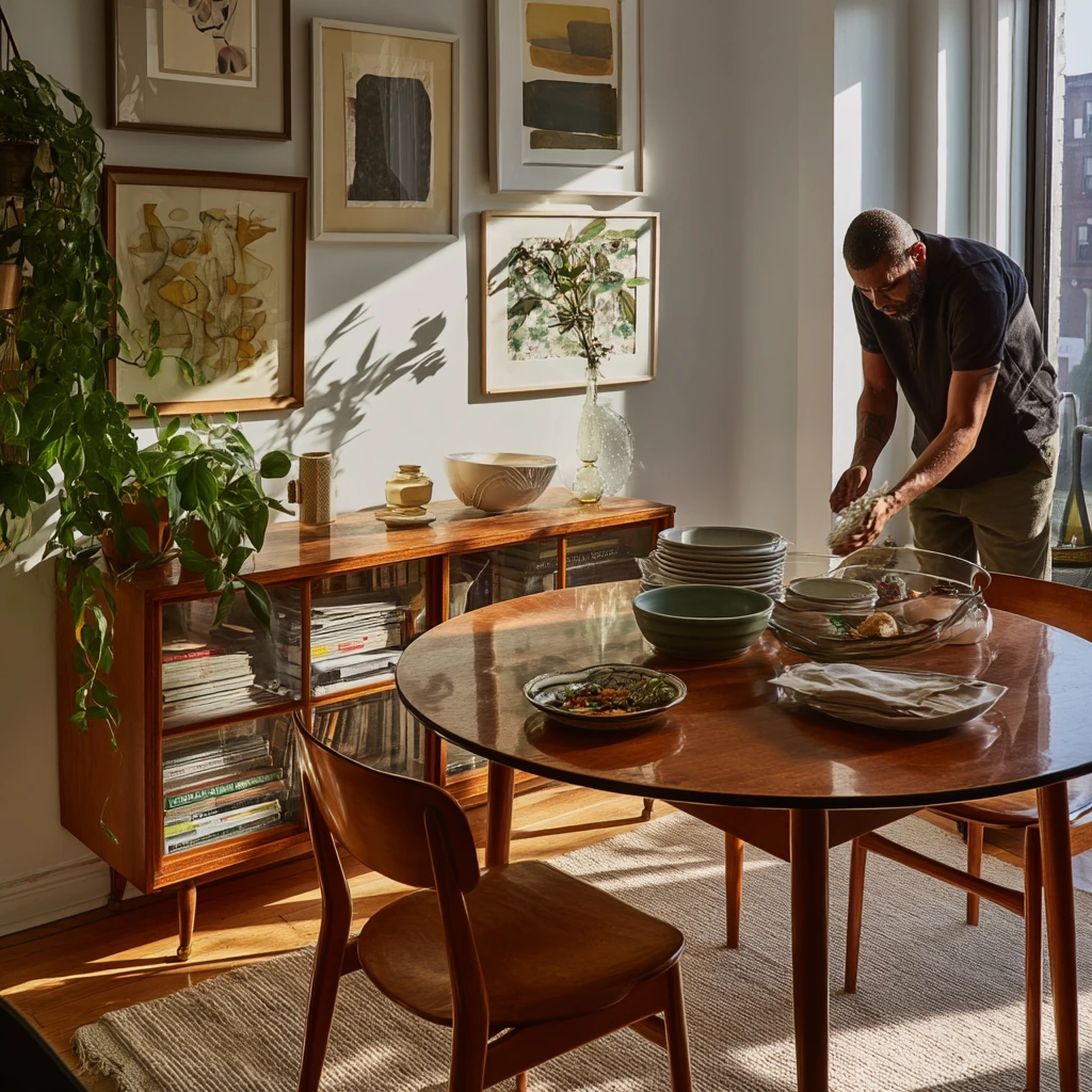 Compact Vintage Dining Space with Plants and Art