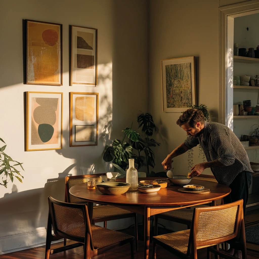 Compact Vintage Dining Space with Plants and Art