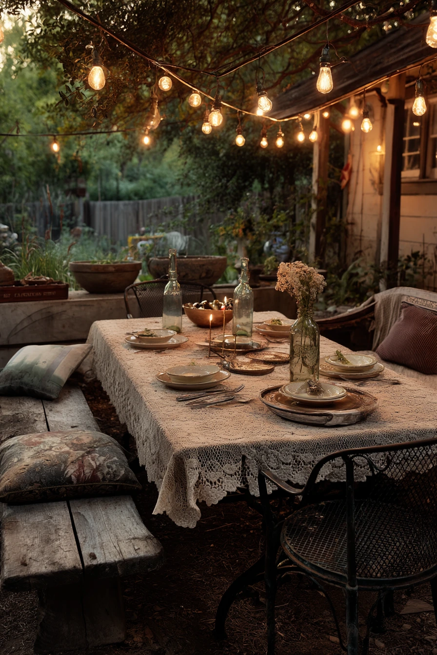 Patio Dinner Under Twinkle Bulbs