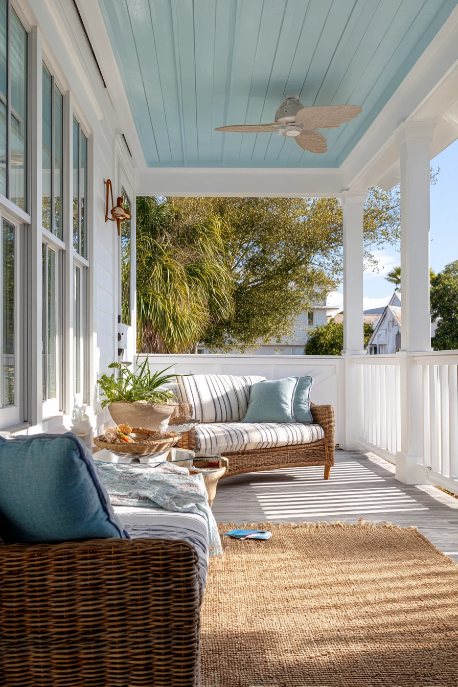6. Coastal Porch With Blue-White Vinyl Ceiling