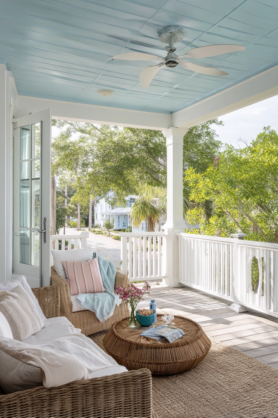 6. Coastal Porch With Blue-White Vinyl Ceiling
