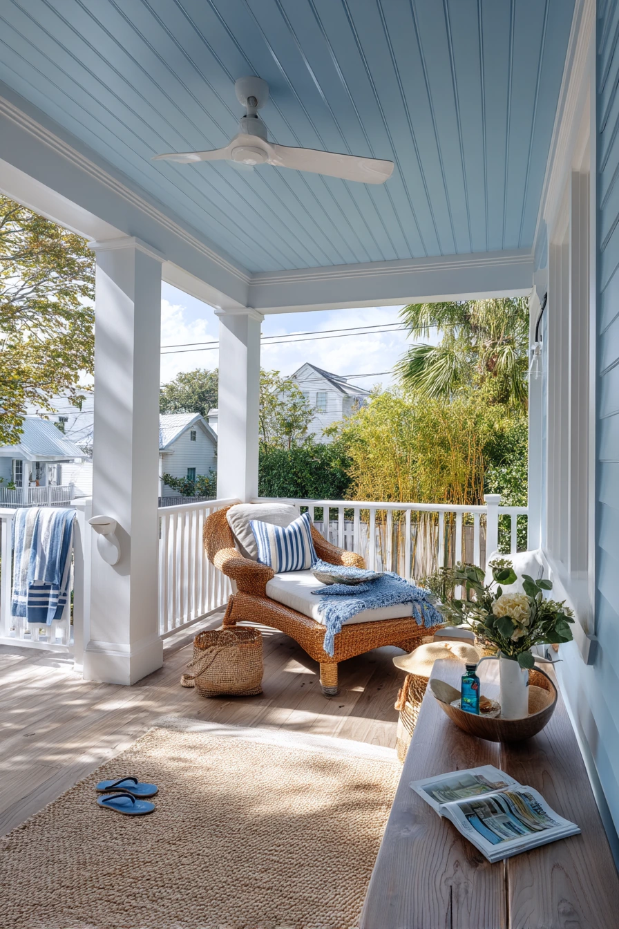 6. Coastal Porch With Blue-White Vinyl Ceiling