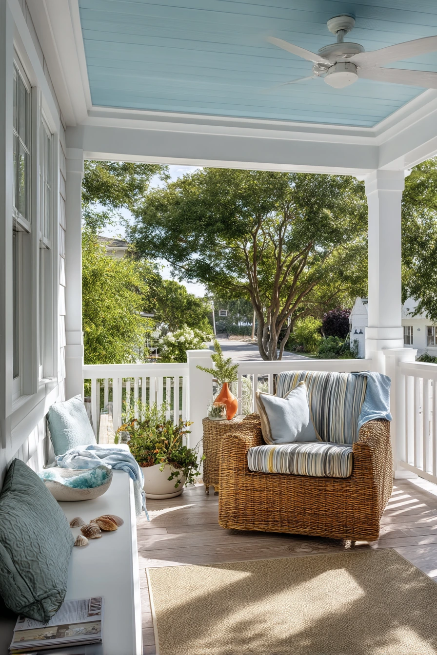 6. Coastal Porch With Blue-White Vinyl Ceiling