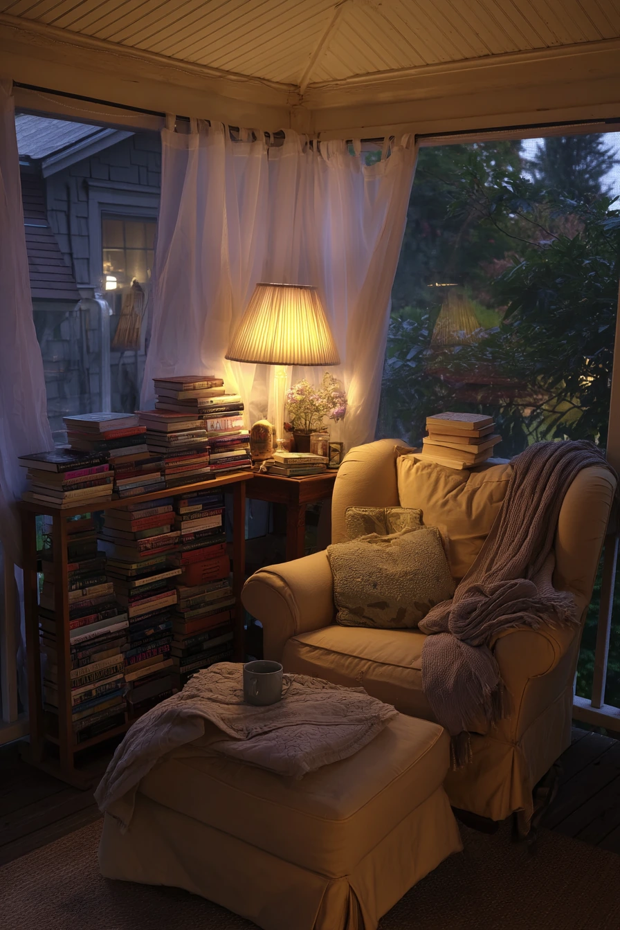 7. Screened Porch Reading Corner With Warm Vinyl Ceiling