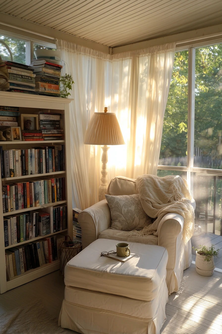 7. Screened Porch Reading Corner With Warm Vinyl Ceiling