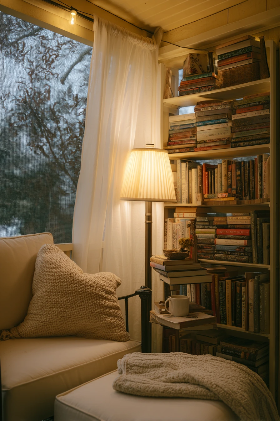 7. Screened Porch Reading Corner With Warm Vinyl Ceiling