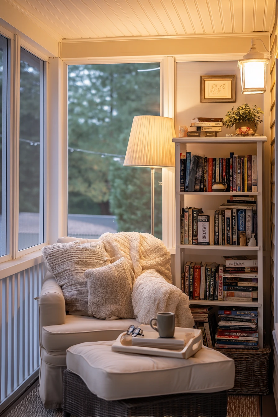 7. Screened Porch Reading Corner With Warm Vinyl Ceiling