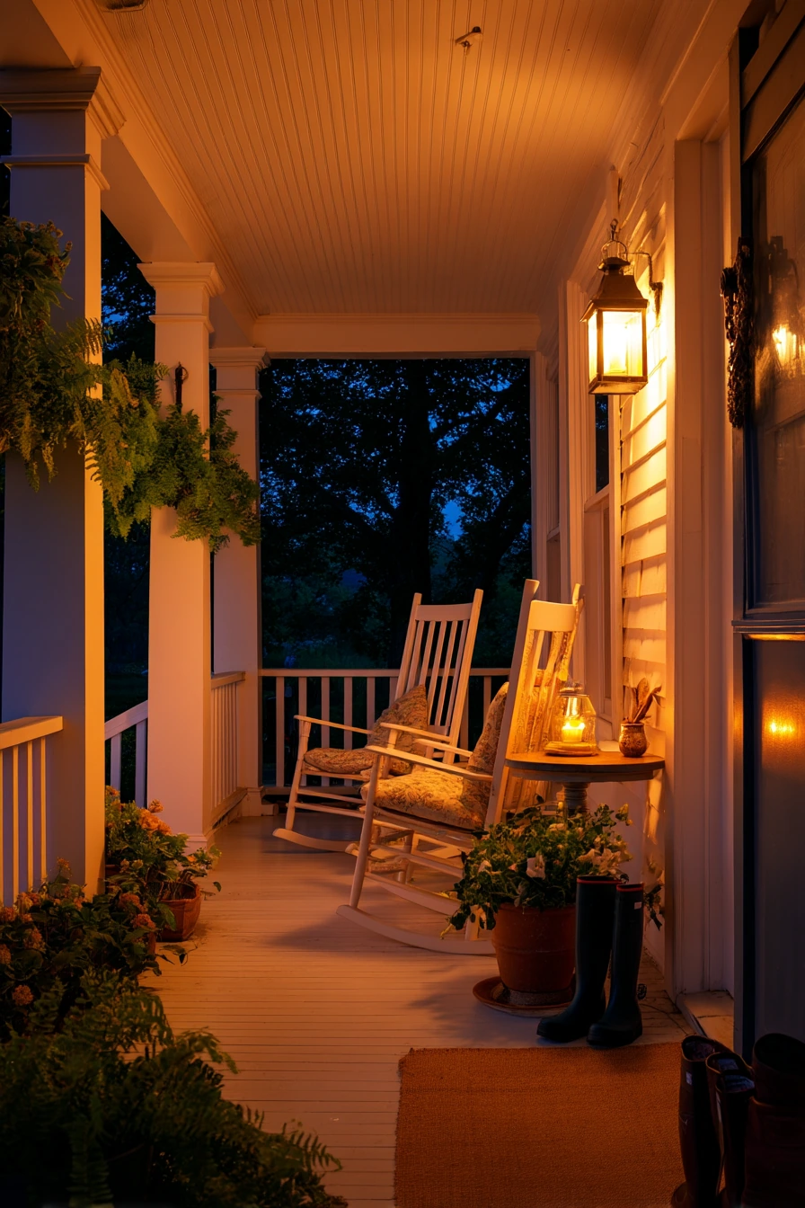 10. Evening Front Porch With Soft Glow Vinyl Beadboard